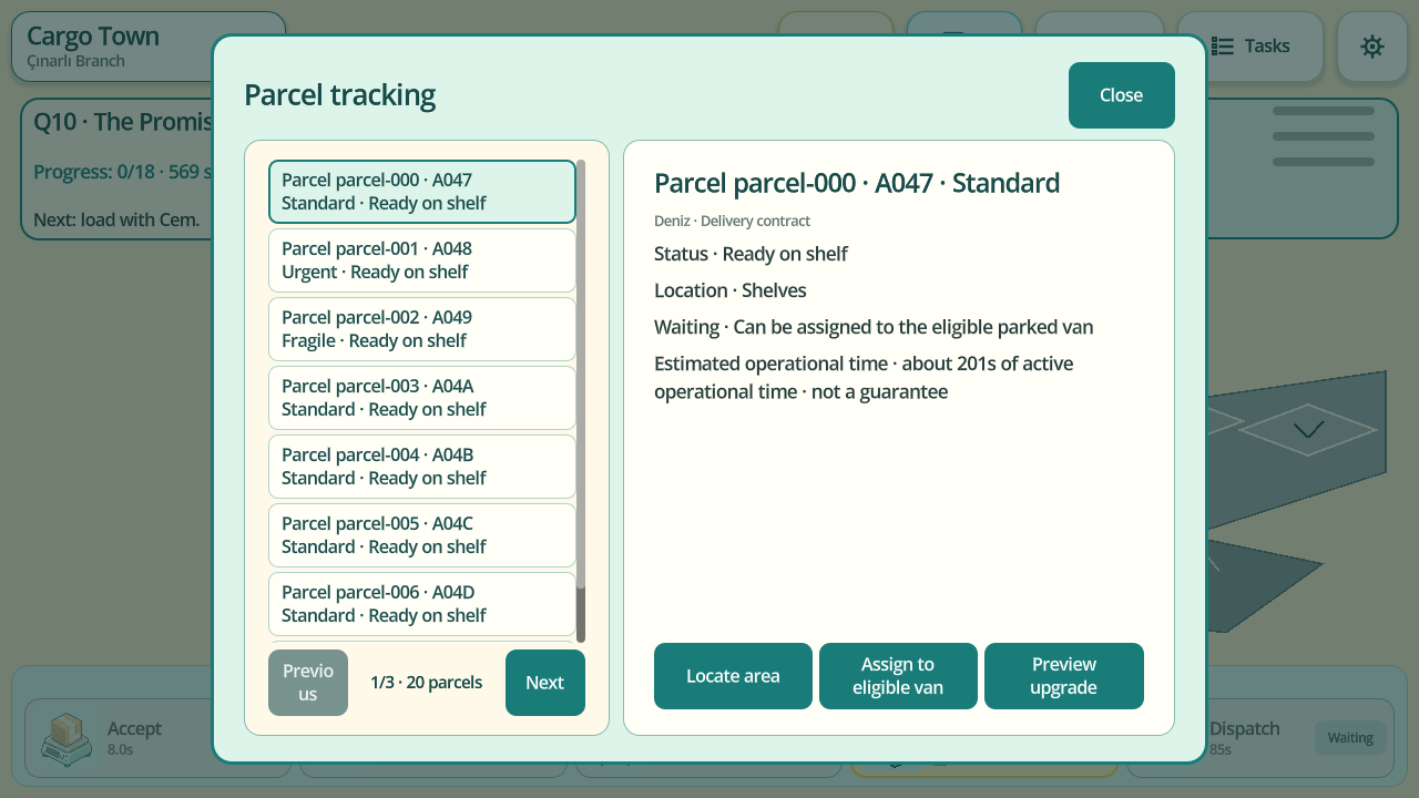 Cargo Town parcel tracking screen